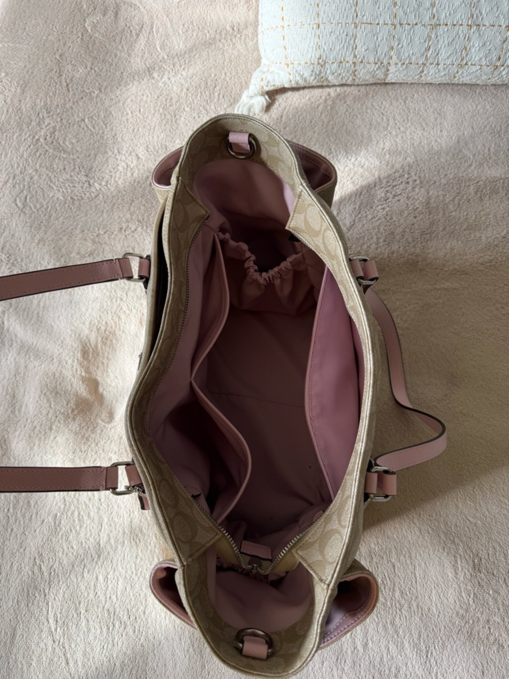 Coach Beige Signature Tote with Pink Leather Handles - Picture 3 of 4